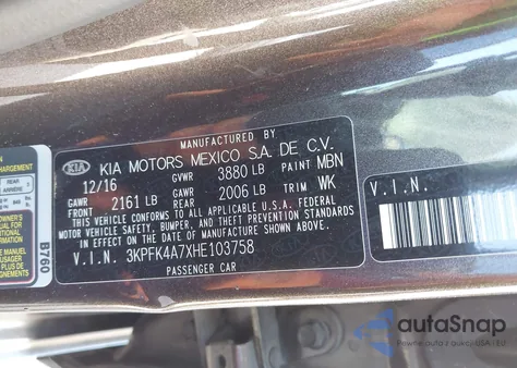 2017 Kia Forte Lx z USA, uszkodzony, nr VIN 3KPFK4A7XHE103758